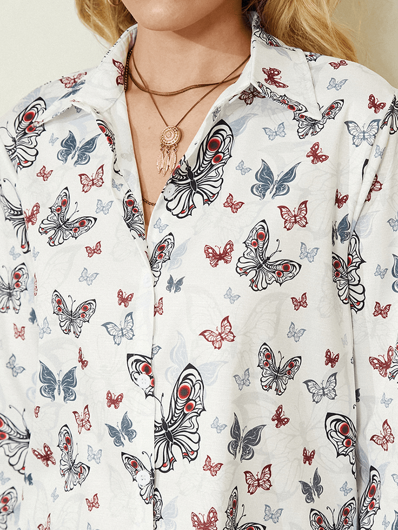 Women All over Butterfly Print Button up White Casual Shirt - MRSLM