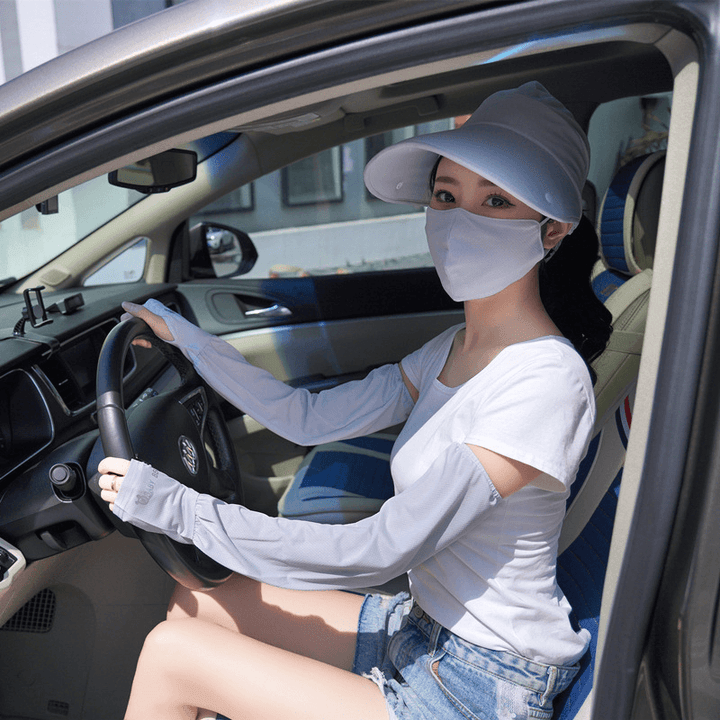 Women Four-Pieces UV Protection Outdoor Ice Silk Sleeve Breathable Cover Face Mask Sunscreen Hat with Anti-Glare Detachable Len - MRSLM