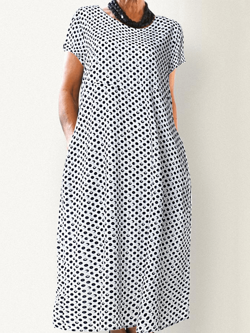 Crewneck Polka Dot Print Short Sleeve Midi Dress - MRSLM