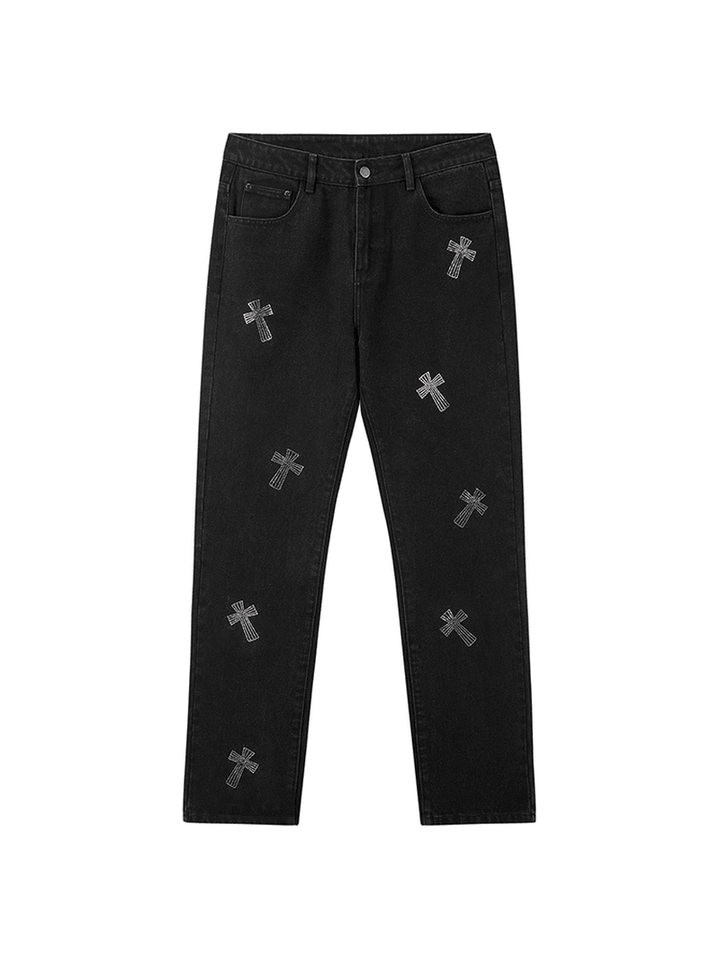 Retro Cross Hot Rhinestone Black Jeans - MRSLM