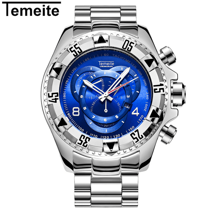 TEMEITE 020G Men Watch Business Waterproof Luminous Stainless Steel Calendar Three-Eyes Quartz Watch - MRSLM