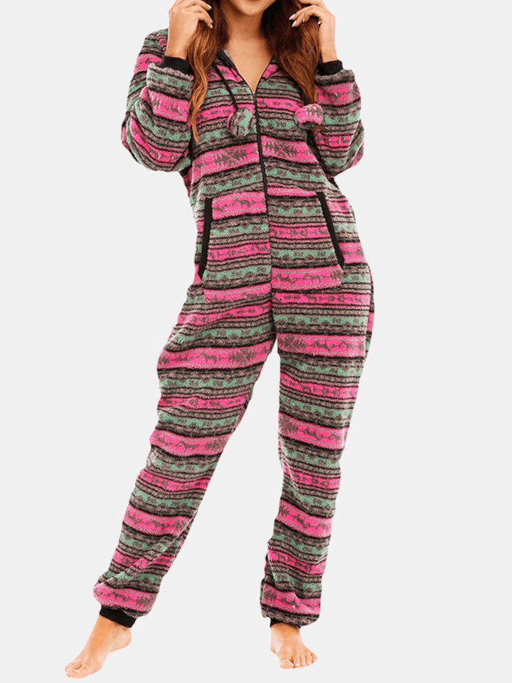 Women Christmas Fleece Striped Home Drawstring Long Sleeve One Sets Hooded Pajamas - MRSLM