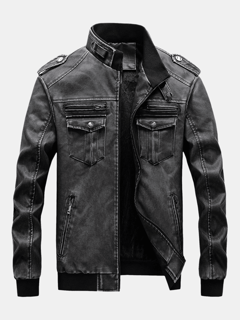 Mens Multi Pocket Zip-Up Windproof Warm Vintage PU Leather Jackets - MRSLM