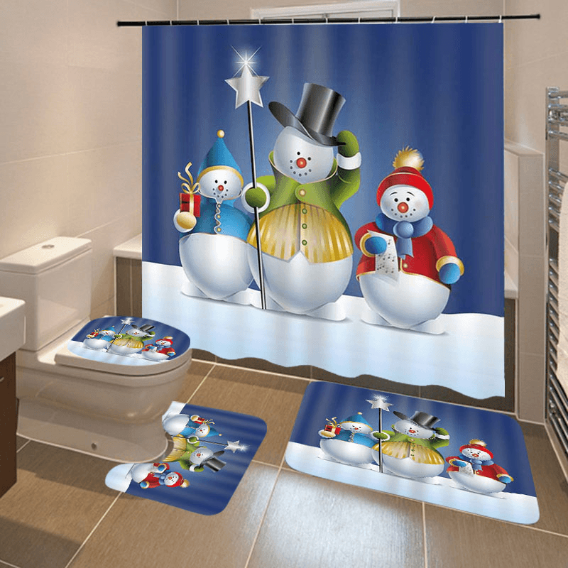 Bathroom Christmas Snowman Shower Curtain & 3PCS Mat Set Toilet Cover 180*180CM - MRSLM