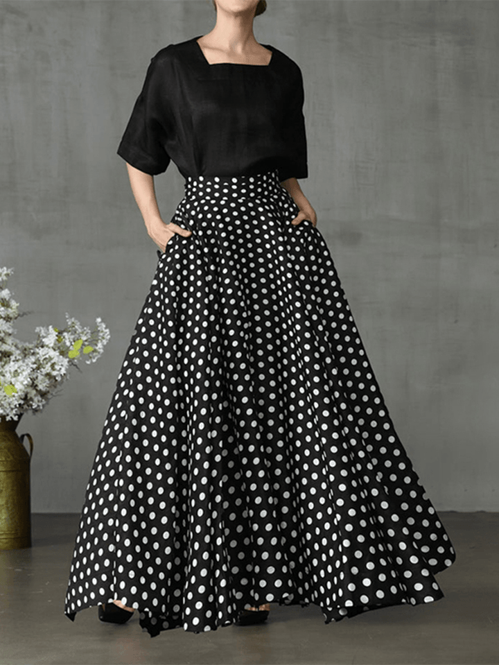 Women Polka Dot Print Loose Big Swing Side Pockets Casual Long Skirt - MRSLM