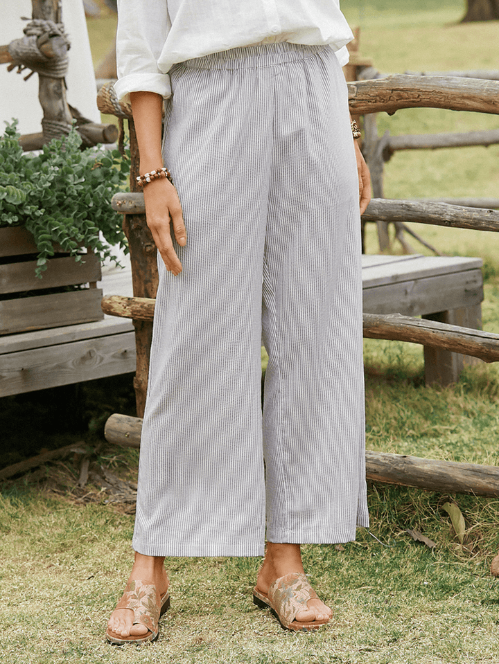 Striped Print Elastic Waist Pocket Wide Leg Casual Pants for Women - MRSLM