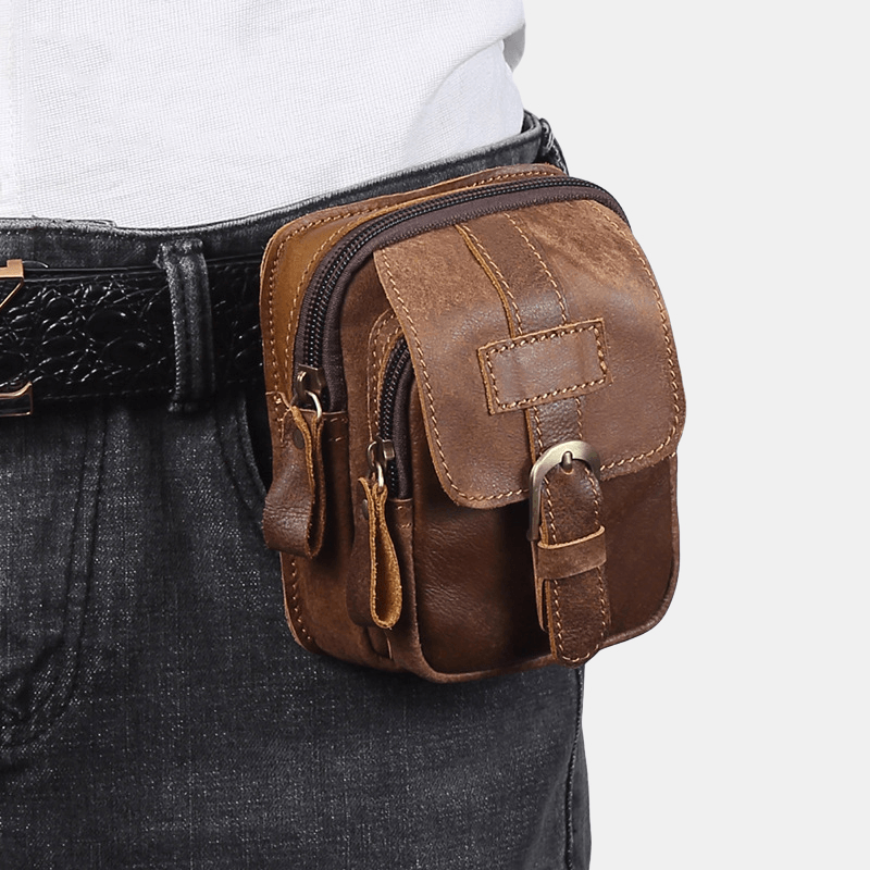 Men Genuine Leather Retro Business Leather Sport 4.7 Inch Phone Bag Waist Bag with Belt Loop - MRSLM