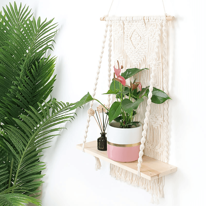 Macrame Plant Hanger Basket Hand Woven Tapestry Wood Pot Shelf Room Decoration - MRSLM