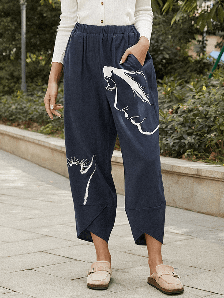 Women Cute Cat Figure Print Elastic Waist Casual Harem Pants with Pockets - MRSLM