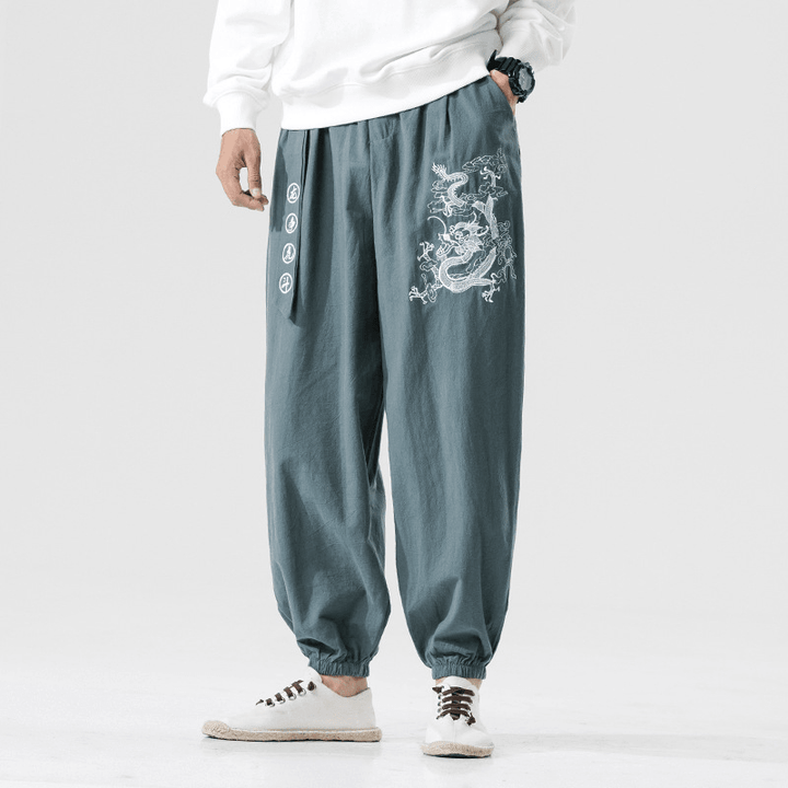 Chinese Style Large Size Dragon and Tiger Embroidery Youth Mens Cotton and Linen Casual Pants - MRSLM