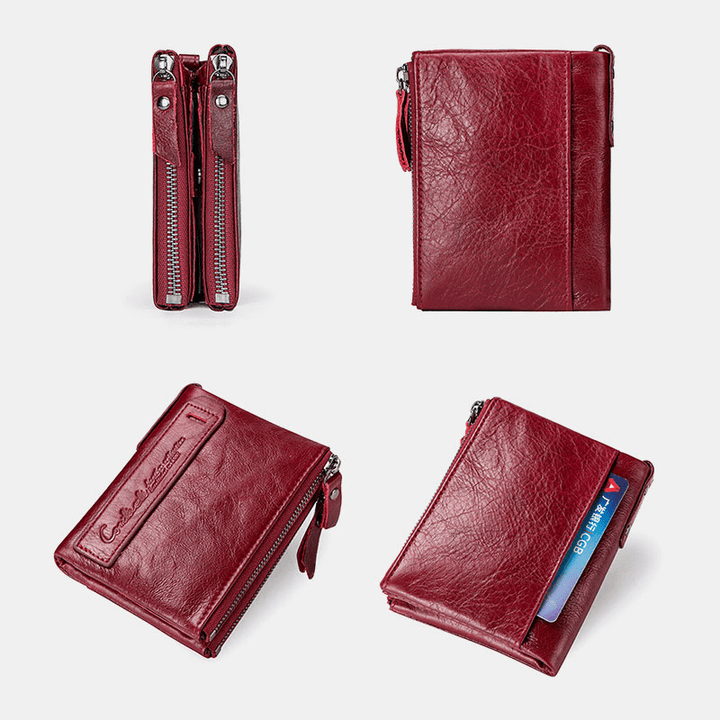 Genuine Leather Multifunction Multi-Slot Double Zipper Casual Brief Solid Color Card Holder Wallet - MRSLM