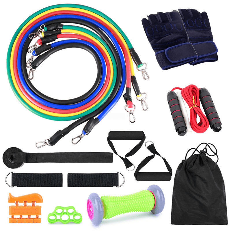 16 Pcs Resistance Bands Set 5 Exercise Bands Jump Rope Grip Strength Hand Legs Straps Gloves Foot Massage Roll Muscle Massager Fitness - MRSLM