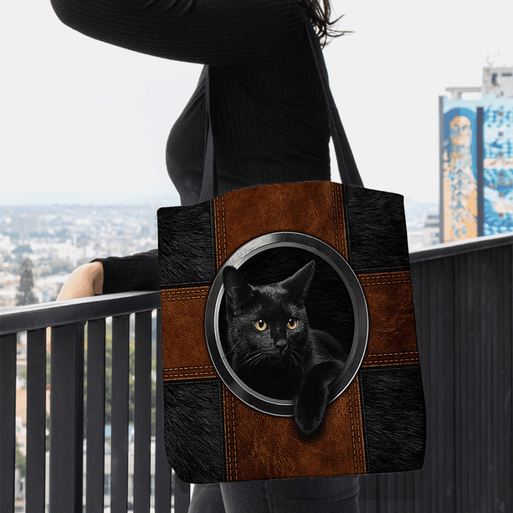 Women Canvas Cute Cartoon Black Cat Print Handbag Tote Shoulder Bag - MRSLM