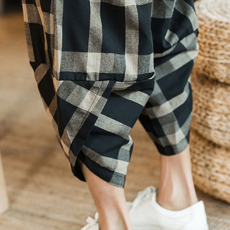 Mens Plaid Cotton Linen Loose Drawstring Calf-Length Casual Harem Pants - MRSLM