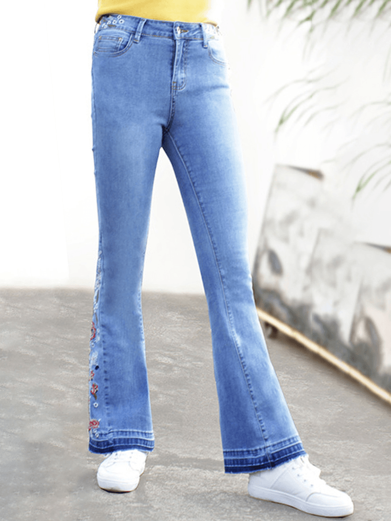 Floral Embroidered High Waist Denim Flared Pants - MRSLM