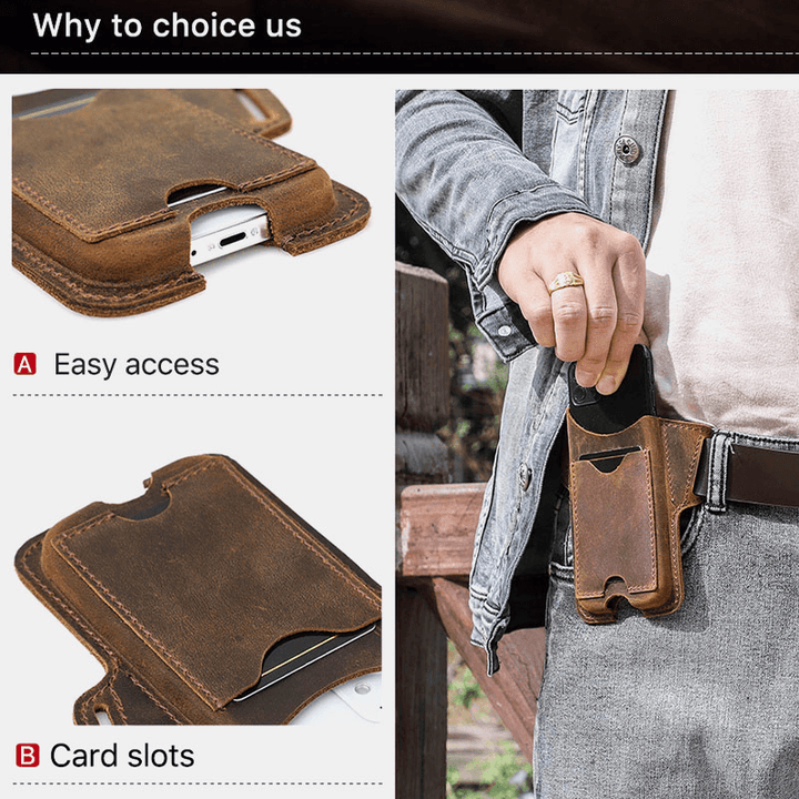 Men Genuine Leather Vintage EDC 5.8 Inch Phone Bag Phone Case ID Wallets Purse Waist Bag - MRSLM