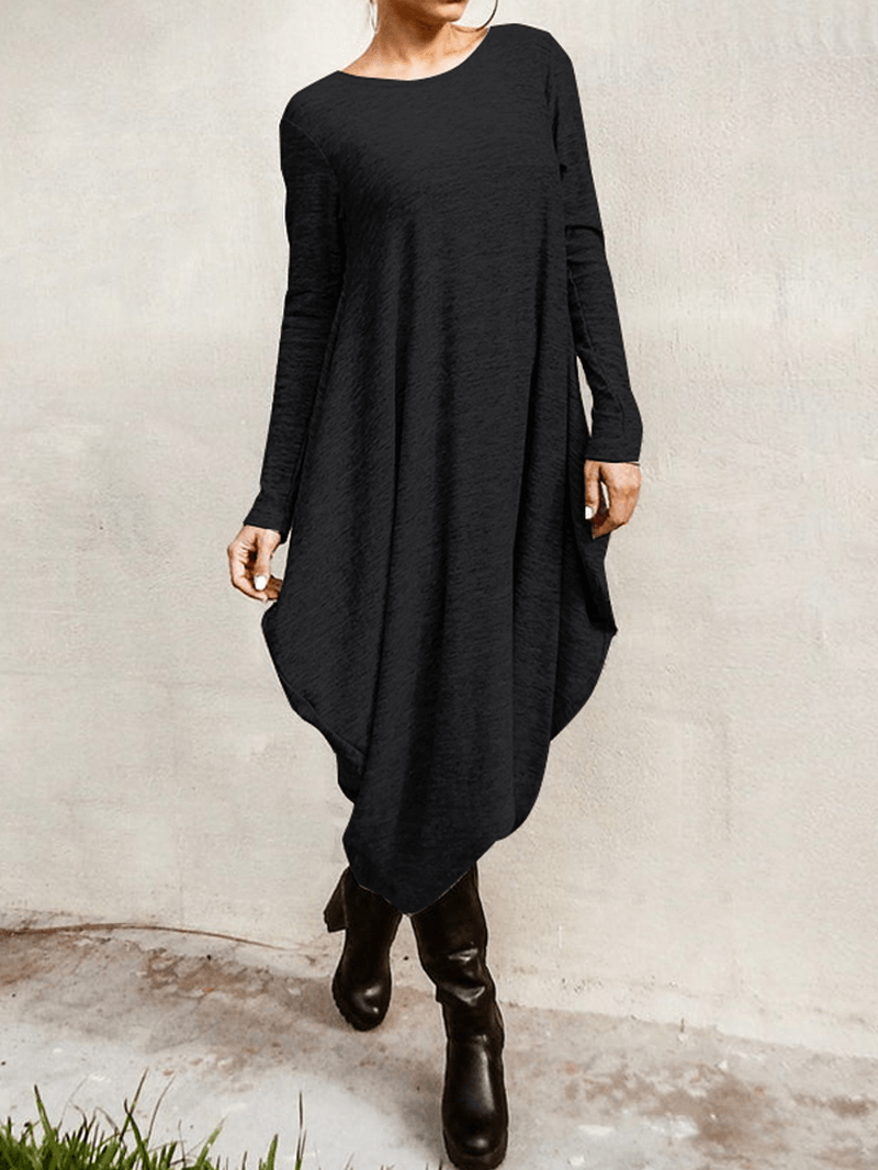 Women's Casual High Low Hem Midi Dress - Loose Fit with Long Sleeves - MRSLM