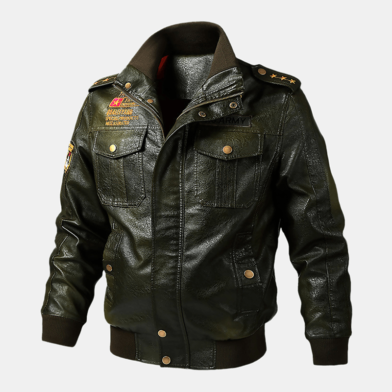 Mens PU Leather Badge Zip Front Biker Jackets with Flap Pockets - MRSLM