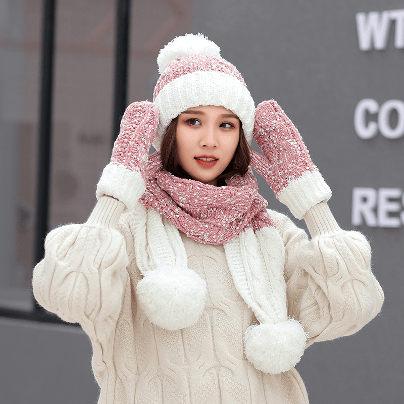 Women Girls Christmas Knit Snow Hat Gloves Scarf Winter Warm Trend Three-Piece Set - MRSLM