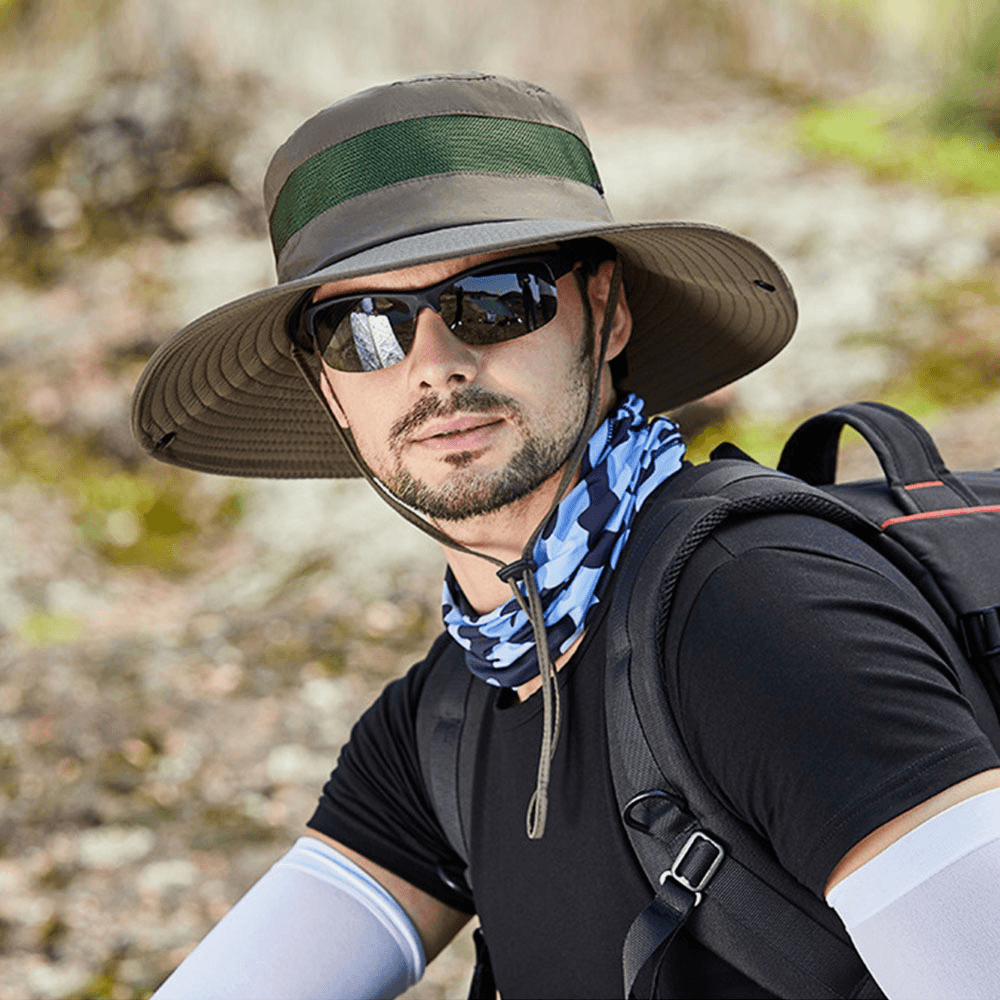 Men Breathable Mesh Big Brim Outdoor Fishing Climbing UV Protection Sunshade Waterproof Bucket Hat - MRSLM