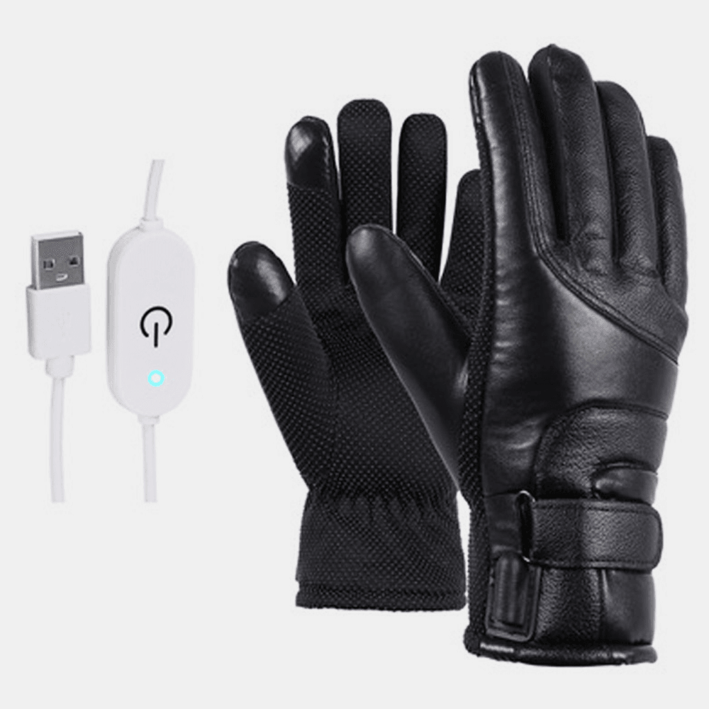 Unisex USB Charging Heating Touchscreen Outdoor Winter Electric Car Riding Keep Warm Waterptoof Windproof Leather Gloves - MRSLM