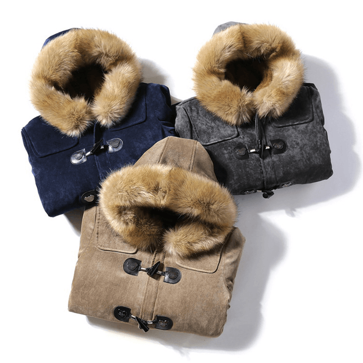 Mens Furry Hooded Fleece Thick Warm Winter Toggle Coat Parka - MRSLM