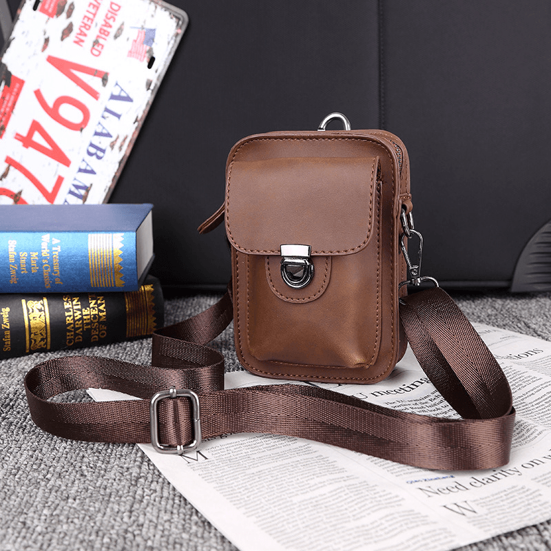 Men Faux Leather Mini Casual Multi-Carry Waist Hanging 6.3 Inch Phone Bag Shoulder Crossbody Bag with Belt Loop - MRSLM