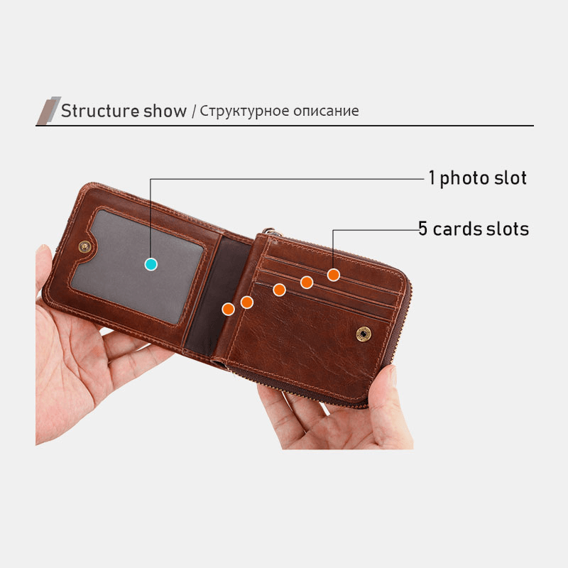 Men Genuine Leather Mini Retro Leather Coin Card Holder Zipper Wallet - MRSLM