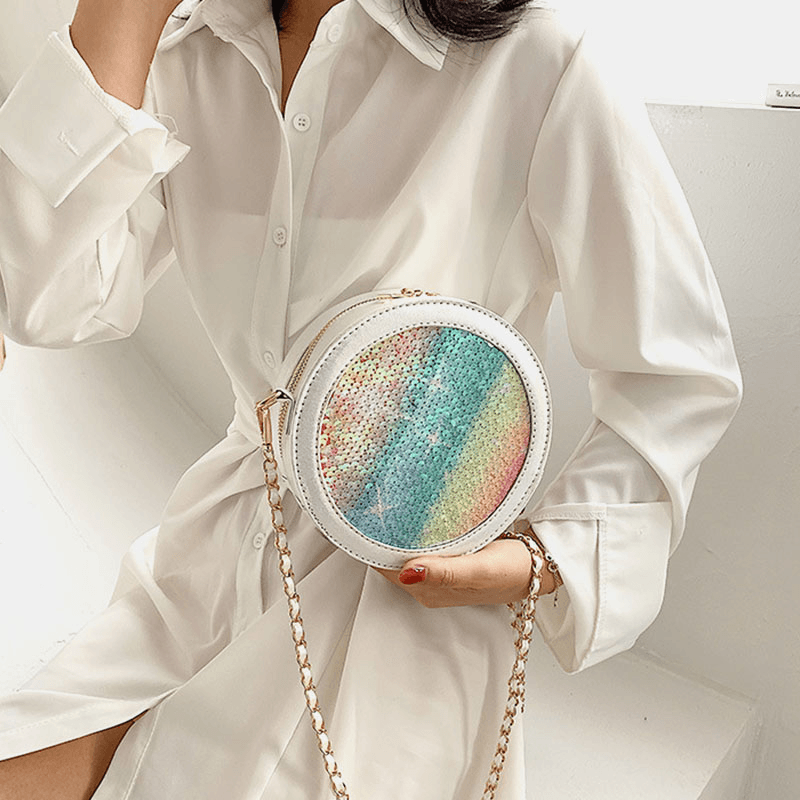 Multicolor Sequin Fashion Vertical Contrast Color round Small Shoulder Bag Cross Body Bag for Female - MRSLM