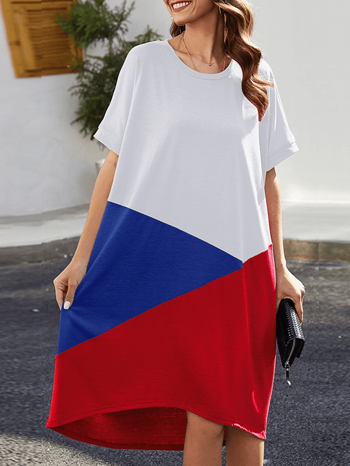 Short Sleeve O-Neck Loose High Low Hem Casual Dress - MRSLM