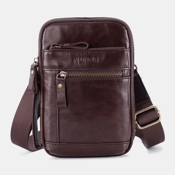 Men Genuine Leather Multi-Layer Crossbody Bag Waist Belt Bag Shoulder Bag Phone Bag - MRSLM