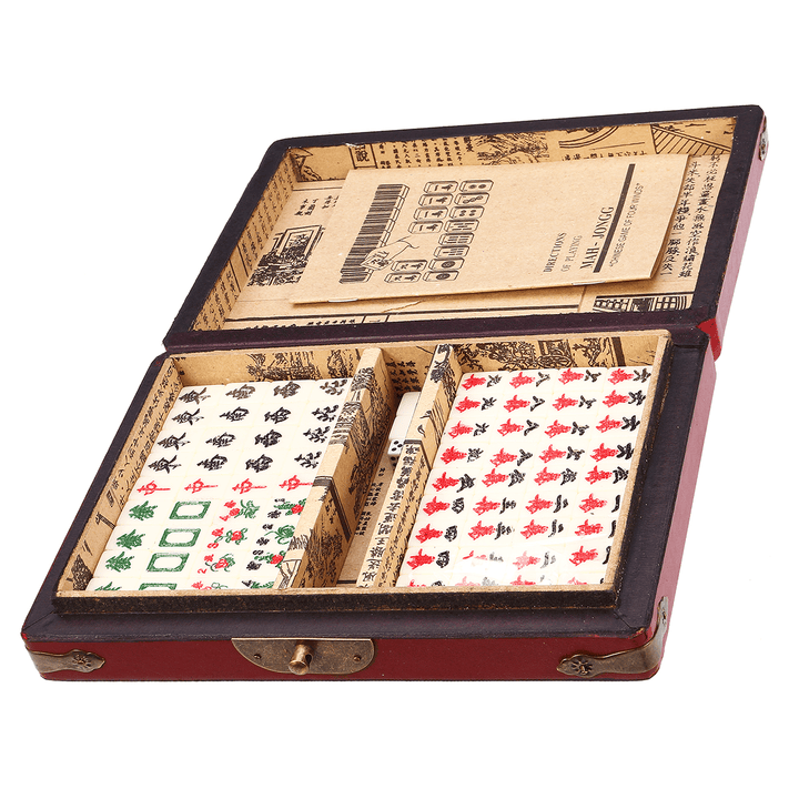 Chinese Mahjong Portable Retro Box Board Game Toy Rare 144 Tiles Mah-Jong Set in Leather Box - MRSLM