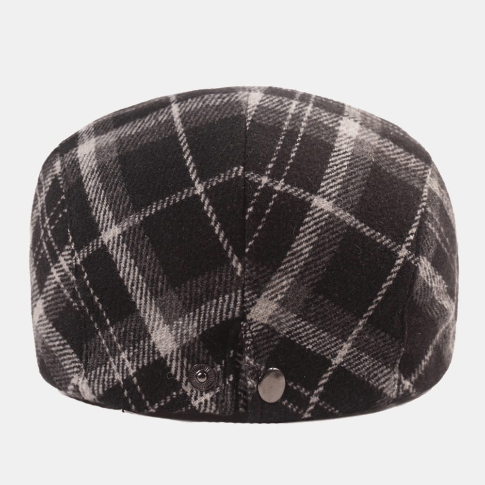 Men Cotton Lattice Pattern Thicken Warmth Casual Forward Hat Beret Flat Cap - MRSLM