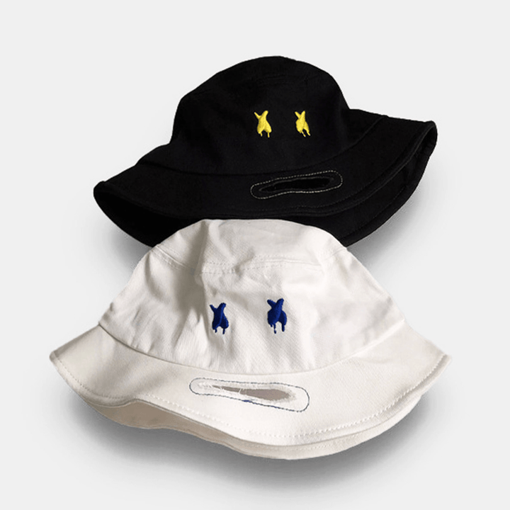 Unisex Brim Opening Broken Hole Cartoon Pattern Embroidery Cotton Sunshade Bucket Hat - MRSLM