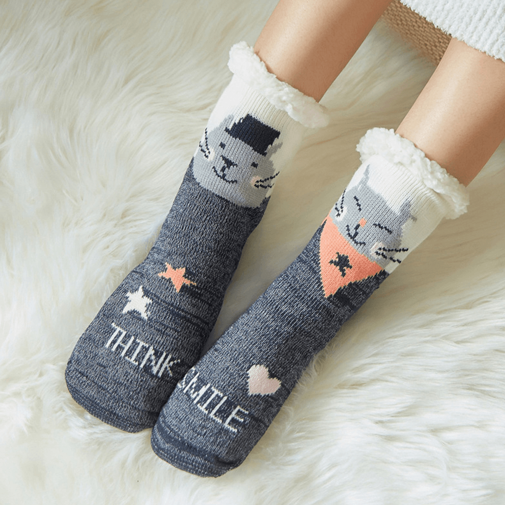 Women Warm Winter Outdoor Christmas Style Cartoon Animals Pattern plus Velvet Thicken Home Sleep Socks Tube Socks - MRSLM