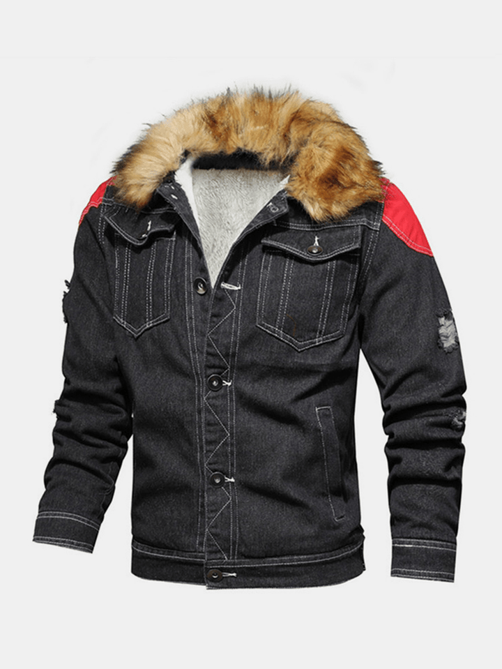 Mens Button up Stone Washed Multi Pocket Fur Fluffy Collar Thick Casual Denim Jacket - MRSLM