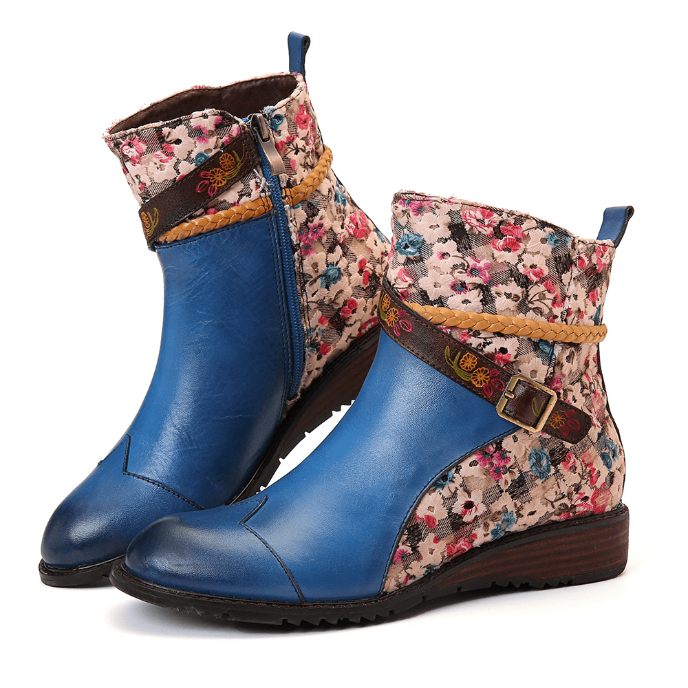 Women Retro Buckle Weaving Stitching Ankle Boots - MRSLM