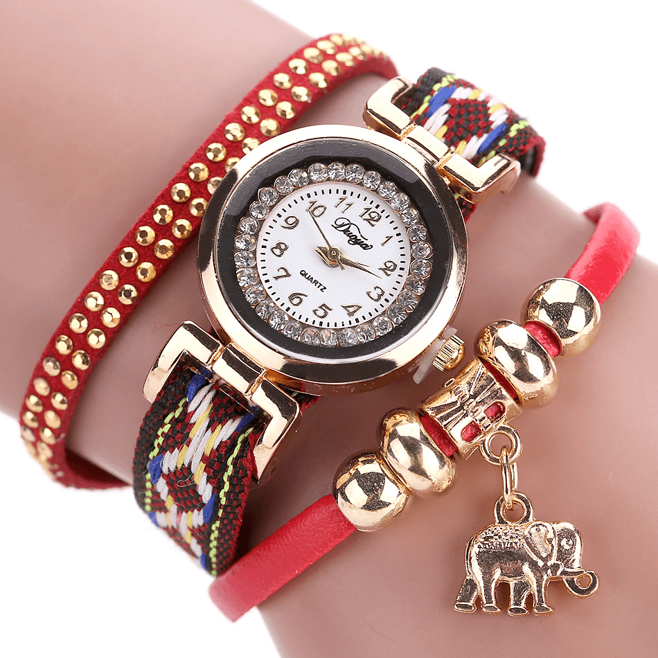 DUOYA XR1889 Fashionable Gold Elephant Ladies Bracelet Watch Leather Strap Quartz Watches - MRSLM