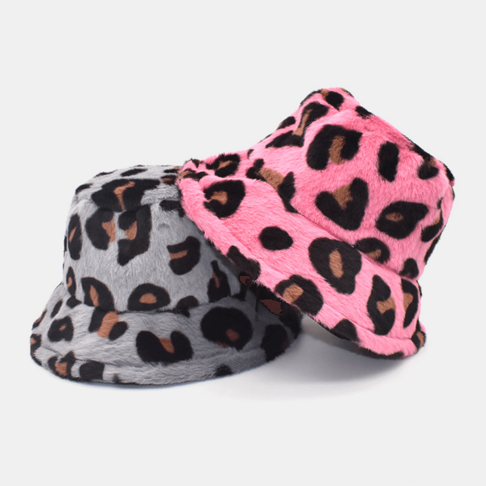 Unisex Plush Soft Warm Casual All-Match Cute Leopard Pattern Bucket Hat - MRSLM