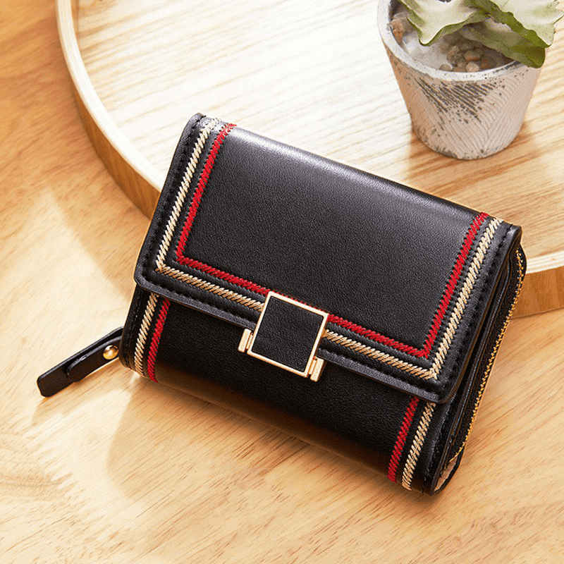 Women PU Leather Embroidery Multi-Card Slot Organ Card Case Short Trifold Money Clip Zipper Coin Purse Wallet - MRSLM