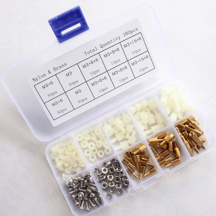 Suleve M3BN6 180Pcs M3 Nut Screw Standoff Set Nylon Stainless Steel Brass Hex Standoff Nut Screw Set Assortment Kit with Storage Box - MRSLM