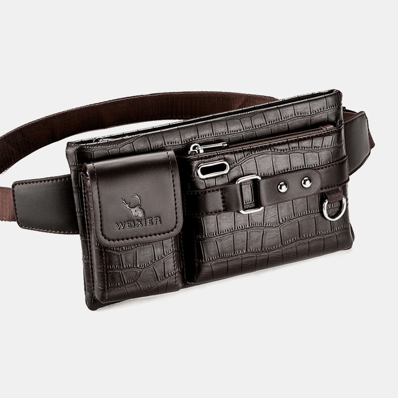 Men PU Leather Multi-Pocket Wear Resistant Chest Bag Waist Bag Headphone Hole Design 6.5 Inch Phone Bag Crossbody Bags - MRSLM