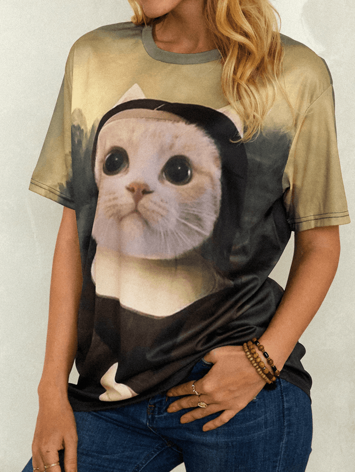 Women Funny Cat Print round Neck Short Sleeve T-Shirts - MRSLM