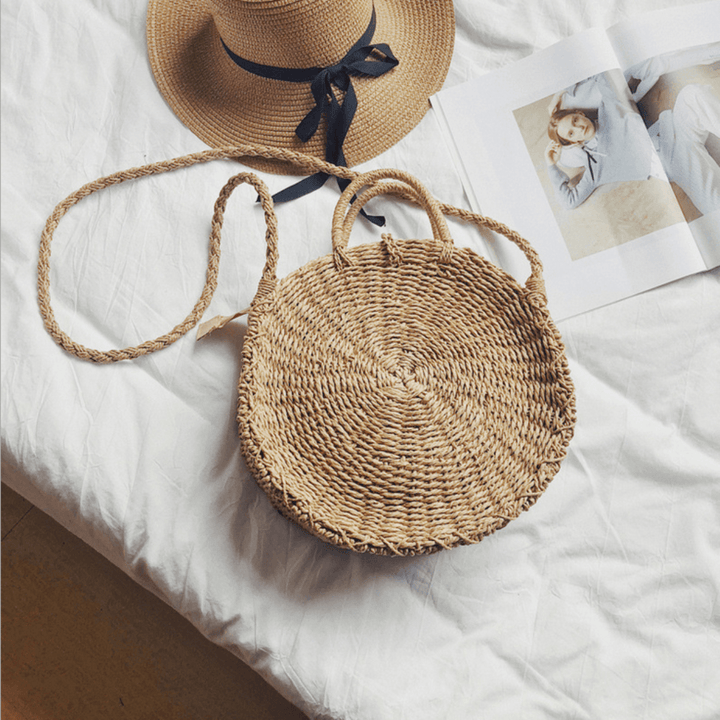 Women Hand Woven Bag round Rattan Straw Bohemia Style Beach Circle Beach Bags - MRSLM