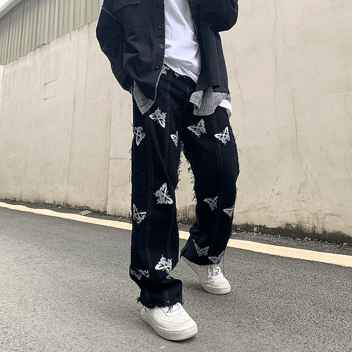 Niche Personality Butterfly Reflective Printing Stitching Tassel Harajuku Hip-Hop Street Straight Jeans Dark Ins Tide - MRSLM