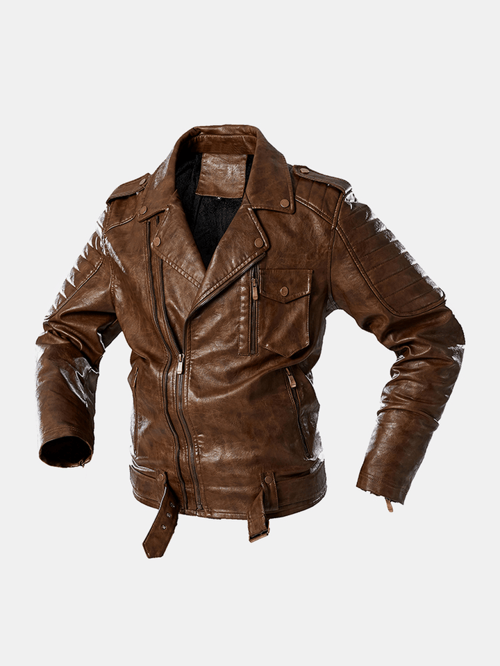 Mens Pocket Lapel Zip-Up Sashes PU Leather Jackets - MRSLM