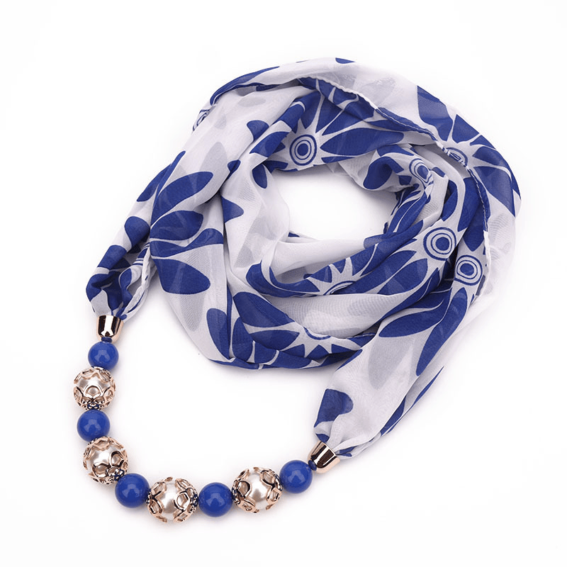 Print Alloy Pendant Scarf Beaded Pendant Scarfprinted Chiffon Necklace - MRSLM