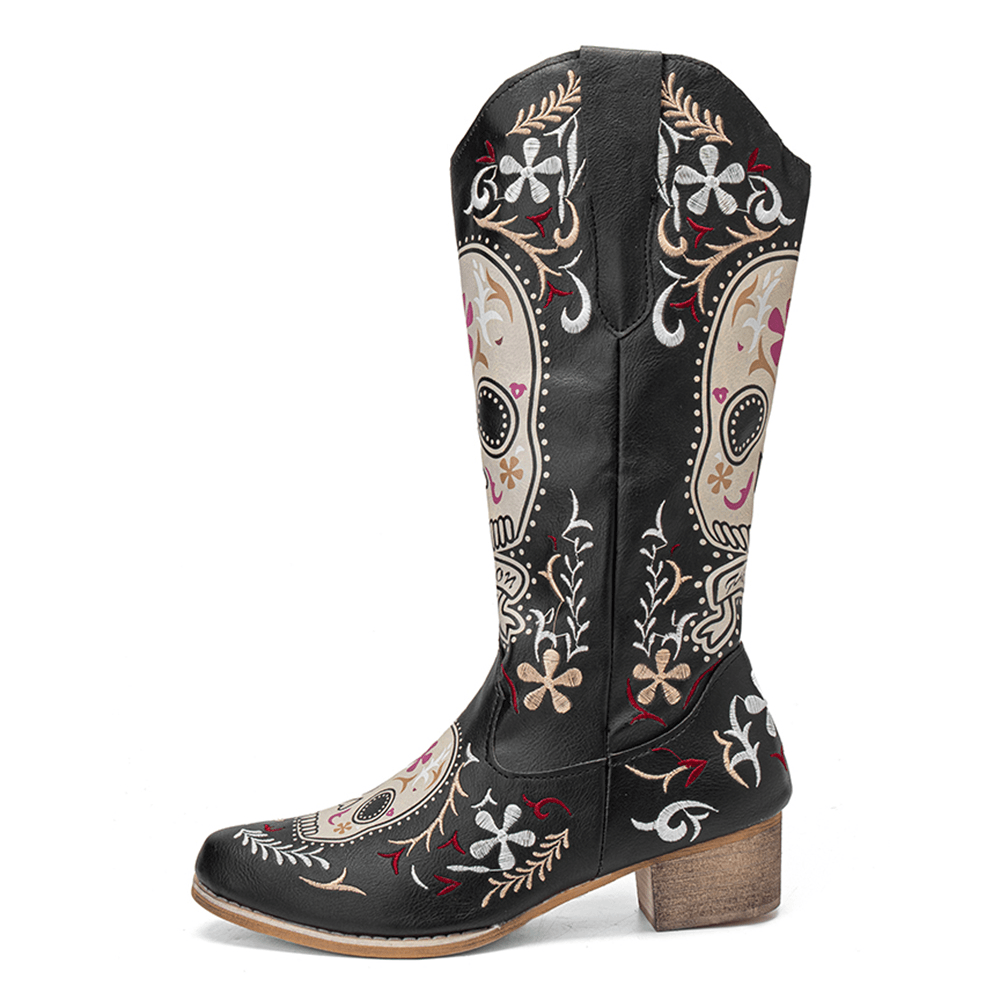 Women Color Kartoon Printed Embroidered Wear Resistant Chunky Heel Mid-Calf Boots - MRSLM