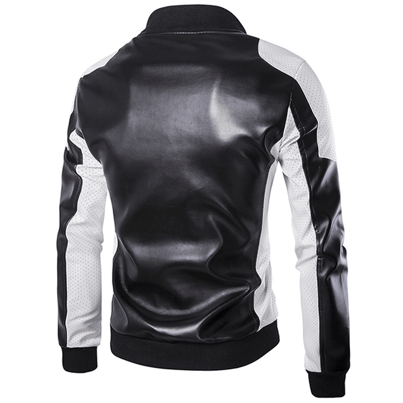 Mens PU Leather Fashion Black White Stitching Motorcycle Biker Jacket Baseball Collar Coat - MRSLM