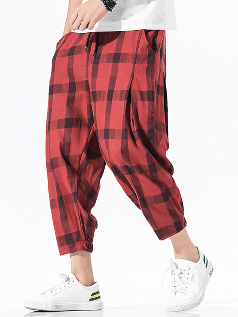 Men Linen Checked Drawstring Harem Pants - MRSLM